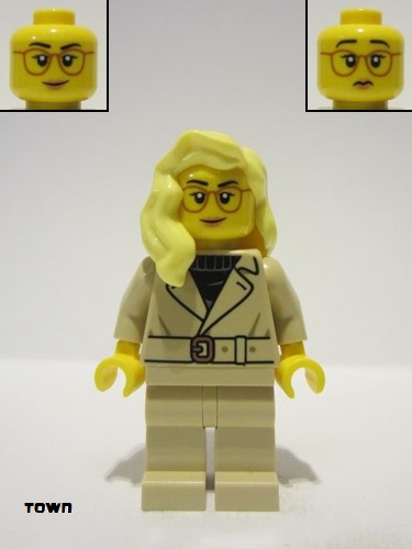 lego 2023 mini figurine cty1654 Tourist Female, Tan Jacket and Legs, Bright Light Yellow Hair, Glasses 