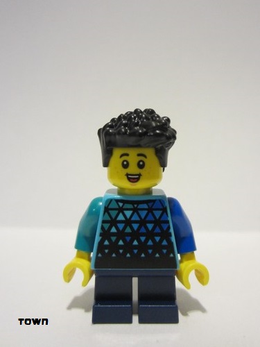 lego 2023 mini figurine cty1655 Child Boy Medium Azure Top with Triangles, Dark Blue Short Legs, Black Hair 