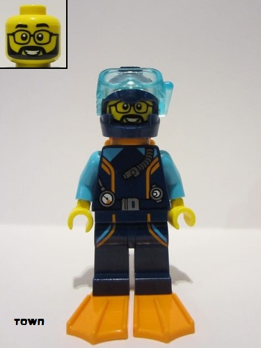 lego 2023 mini figurine cty1656 Arctic Explorer Diver Male, Dark Blue Diving Suit and Helmet, Orange Air Tanks and Flippers, Trans-Light Blue Diver Mask, Beard and Glasses 