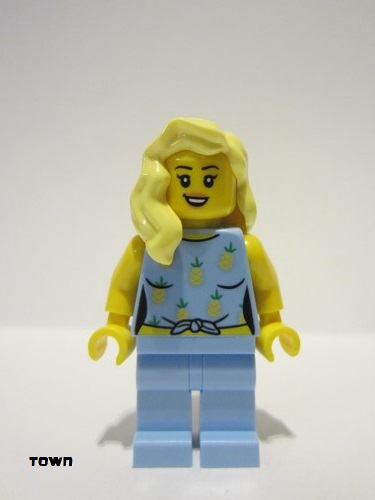 lego 2023 mini figurine cty1660 Car Driver Female, Bright Light Blue Knotted Top with Pineapples and Legs, Bright Light Yellow Hair 