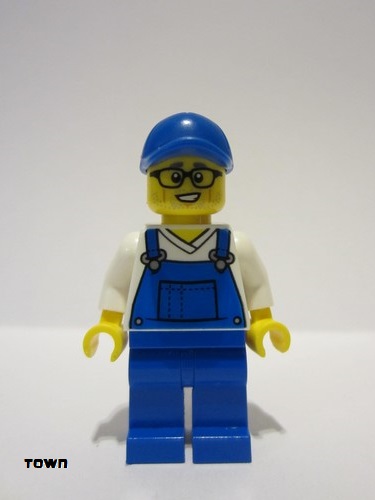 lego 2023 mini figurine cty1661 Car Cleaner Blue Overalls over V-Neck Shirt, Blue Legs, Blue Cap, Black Glasses 