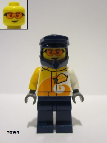 lego 2023 mini figurine cty1665 Quad Driver Male, 'ViTA RUSH' Uniform, Dark Blue Legs, Dark Blue Helmet, Orange Safety Glasses 