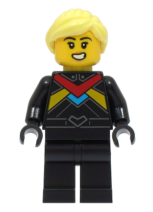 lego 2023 mini figurine cty1672 Monster Truck Driver Female, Black Racing Suit with Red, Dark Azure and Bright Light Orange Stripes, Bright Light Yellow Hair 