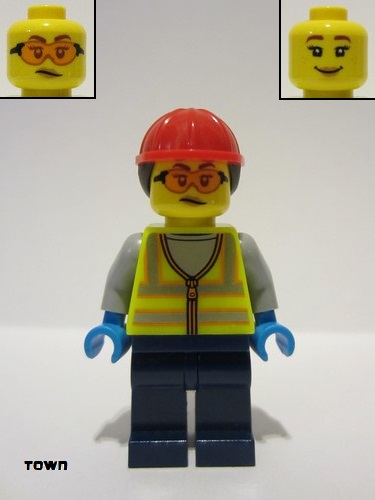 lego 2023 mini figurine cty1673 Airport Worker Female, Neon Yellow Safety Vest, Reflective Stripes, Dark Blue Legs, Red Construction Helmet, Dark Brown 
