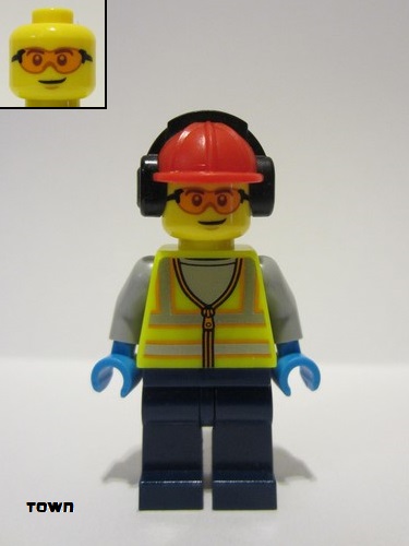 lego 2023 mini figurine cty1674 Airport Worker Male, Neon Yellow Safety Vest, Reflective Stripes, Dark Blue Legs, Red Construction Helmet with with Black Ear Protector / Headphones 