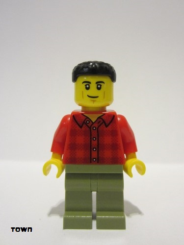 lego 2023 mini figurine cty1675 Plane Passenger Male, Red Plaid Shirt, Olive Green Legs, Black Short Hair 