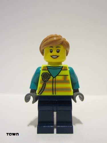 lego 2023 mini figurine cty1677 Airport Worker Female, Neon Yellow Safety Vest, Reflective Stripes, Dark Turquoise Shirt, Dark Blue Legs, Nougat Ponytail 