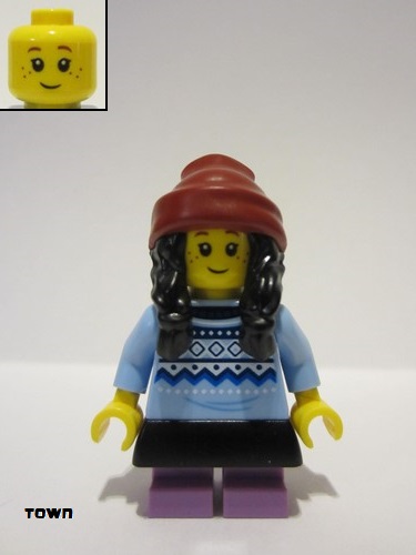 lego 2023 mini figurine cty1686 Child Girl, Bright Light Blue Sweater, Medium Lavender Short Legs, Dark Red Beanie with Black Hair, Black Skirt (TikTok Fan) 