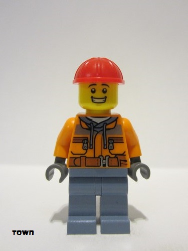 lego 2023 mini figurine cty1691 Construction Worker Male, Orange Safety Jacket, Reflective Stripe, Sand Blue Hoodie, Sand Blue Legs, Red Construction Helmet 