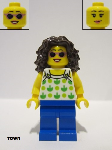 lego 2023 mini figurine twn462 Beach Tourist Female, White Top with Green Apples and Lime Dots, Blue Legs, Dark Brown Hair 