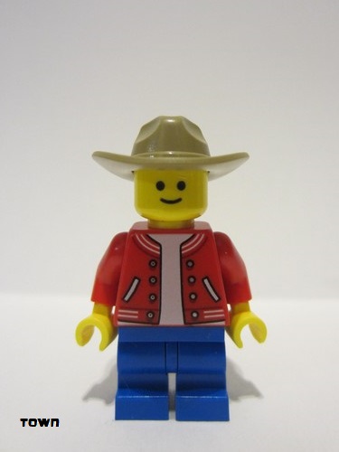lego 2023 mini figurine twn482 Child Red Letterman Jacket, Blue Medium Legs, Dark Tan Fedora Hat 