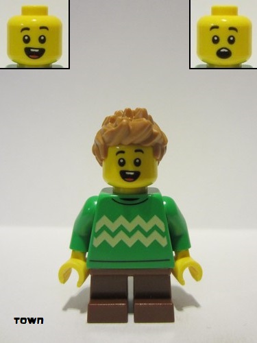 lego 2023 mini figurine twn488 Museum Visitor Bright Green Sweater with Bright Light Yellow Zigzag Lines, Reddish Brown Short Legs, Medium Nougat Spiked Hair 