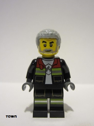 lego 2024 mini figurine cty1716 Fire Male, Black Open Jacket and Legs with Reflective Stripes and Red Collar, Light Bluish Gray Coiled Hair 