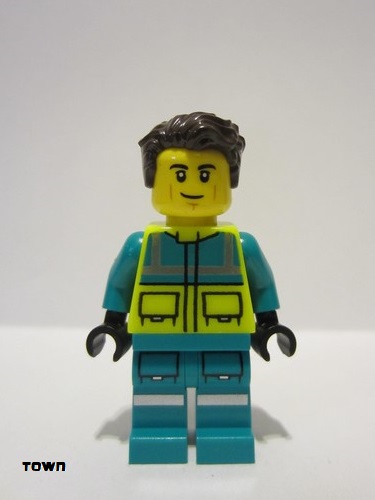 lego 2024 mini figurine cty1724 Paramedic Male, Dark Turquoise and Neon Yellow Safety Vest, Legs with Silver Reflective Stripes, Dark Brown Hair 
