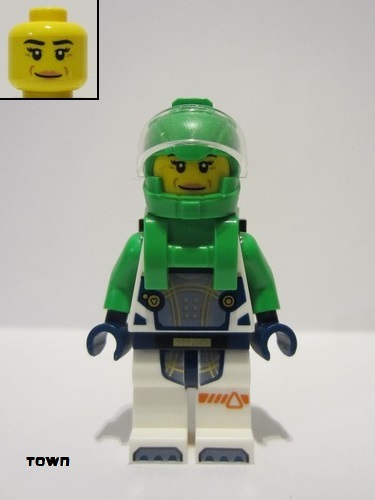 lego 2024 mini figurine cty1726 Astronaut Female, Bright Green Helmet, Bright Green Backpack with Solar Panel and Plate with Clip, White Space Suit with Bright Green Arms 