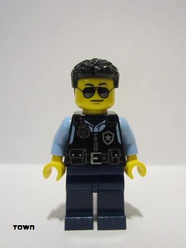 lego 2024 mini figurine cty1751 Police - City Officer Male, Black Safety Vest with Silver Star Badge Logo, Dark Blue Legs, Black Hair, Sunglasses 