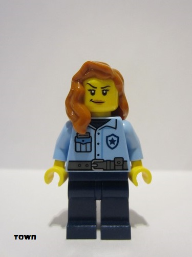 lego 2024 mini figurine cty1752 Police - City Officer Female, Bright Light Blue Shirt, Dark Blue Legs, Dark Orange Hair over Shoulder 