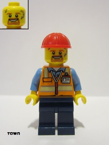 lego 2024 mini figurine cty1756 Construction Worker Male, Orange Safety Vest with Reflective Stripes, Dark Blue Legs, Red Construction Helmet 