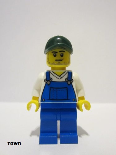 lego 2024 mini figurine cty1761 Farmer Male, Blue Overalls over V-Neck Shirt, Blue Legs, Dark Green Cap, Stubble 
