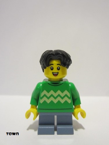 lego 2024 mini figurine twn499 Child Boy, Bright Green Sweater with Bright Light Yellow Zigzag Lines, Sand Blue Short Legs, Black Hair Wavy, Freckles 