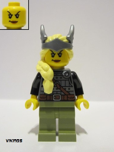 lego 2022 mini figurine vik039 Viking Warrior Female, Dark Bluish Gray and Silver Armor, Olive Green Legs, Bright Light Yellow Hair with Diadem 