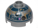 Flat Silver Brick, Round 2 x 2 Dome Top with Lavender Dots and Dark Blue with Dark Tan Dirt Stains Pattern (R2-D2)