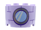 Lavender Cylinder Half 2 x 4 x 2 with 1 x 2 Cutout with Bright Light Blue Round Window with Silver Frame and Dark Purple Bricks Pattern