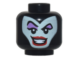 Black Minifigure, Head Female Balaclava with Light Aqua Face, Medium Lavender Eye Shadow, Pointed Eyebrows One Raised, Red Lips Open Mouth Smile Pattern (Maleficent) - Vented Stud