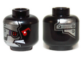 Black Minifigure, Head Alien with Mechanical Right Eye Red, Silver Plates with 6 Rivets on Front and Back Pattern - Hollow Stud