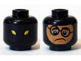 Black Minifig, Head Dual Sided Alien with Yellow Eyes / Balaclava with Face Hole, Nougat Frowning Face with Crooked Glasses Pattern - Stud Recessed