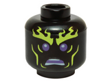 Black Minifigure, Head Alien with Yellowish Green Flaming Eyebrows and Cheek Lines, Dark Purple Eyes, Open Mouth Pattern - Hollow Stud