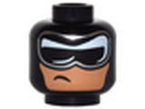 Black Minifig, Head Balaclava, Black and White Mask with Silver Edge and Crooked, Off-Center Scowl on Nougat Colored Face Pattern - Stud Recessed