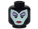Black Minifigure, Head Female Balaclava with Light Aqua Face, Medium Lavender Eye Shadow, Pointed Eyebrows, Red Lips Pattern (Maleficent) - Hollow Stud