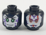 Black Minifigure, Head Dual Sided Alien Female with White Face, Green Eyes and Purple Marks on Cheek / Red and Silver Armor Pattern - Hollow Stud