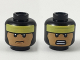Black Minifigure, Head Dual Sided, Balaclava with Yellow Headband, Nougat Face, Frown / Bared Teeth Pattern - Hollow Stud