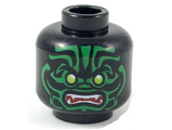Black Minifigure, Head Alien with Lime Eyes, White Fangs, Green Face Decorations and Dark Red Mouth Pattern - Hollow Stud