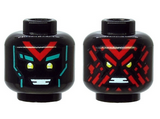 Black Minifigure, Head Dual Sided Alien, Yellow Eyes, Red 'V', Dark Turquoise Eyebrows, Happy / Angry with Red Splotch Face Pattern - Hollow Stud