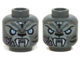 Dark Bluish Gray Minifigure, Head Dual Sided Alien Chima Tiger White Fangs, Black Stripes and Bright Light Blue Eyes, Neutral / Angry Pattern (Stealthor) - Hollow Stud