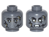 Dark Bluish Gray Minifigure, Head Dual Sided Alien PotC Black Cracks, Light Bluish Gray Spots and Lips, Neutral / Bared Teeth Angry Pattern - Hollow Stud