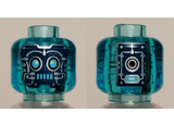 Trans-Light Blue Minifigure, Head Dual Sided Alien Robot, Medium Azure Eyes and Mouth, Dark Blue Panels with Circuitry / Circles and Power Bar Pattern - Vented Stud