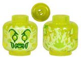 Trans-Neon Green Minifigure, Head Alien Ghost Clown with Yellowish Green Face, Large Raised Eyebrows, Pointed Eyes and Flames in Back Pattern - Vented Stud