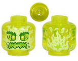 Trans-Neon Green Minifigure, Head Alien Ghost with Yellowish Green Face, Bushy Eyebrows, Angry and Flames in Back Pattern - Vented Stud