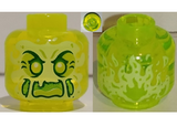 Trans-Neon Green Minifigure, Head Alien Ghost with Yellowish Green Face, Cheeks, Large Raised Eyebrows, Pointed Eyes and Flames in Back Pattern - Vented Stud