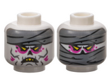 White Minifigure, Head Dual Sided Alien Dark Bluish Gray Mummy Wrappings, Yellow Triangular Eyes, Magenta Eye Shadow, Open Mouth Scowl with Top Teeth / Wrapped Lower Face Pattern - Vented Stud