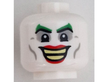 White Minifigure, Head Green Eyebrows, Red Lips, Light Bluish Gray Eye Shadow and Cheek Lines, Open Mouth Smile with Bright Light Yellow Teeth Parted Pattern (The Joker) - Vented Stud