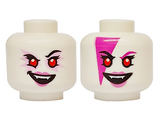 White Minifigure, Head Dual Sided Alien Female Black Eyebrows, Bright Pink Eyeshadow, Dark Pink Lips, Open Mouth Smile with Fangs / Magenta Face Paint Triangle and Eyebrow Pattern - Vented Stud