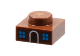Reddish Brown Plate 1 x 1 with Medium Azure Window Panes and White Doorframe Pattern (Gingerbread House)