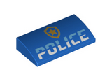 Blue Slope, Curved 2 x 4 x 2/3 with Bottom Tubes with Bright Light Blue and White 'POLICE' and Gold Star Badge Logo Pattern