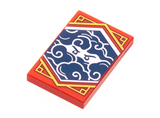 Red Tile 2 x 3 with White Stern Eyes and Clouds on Dark Blue Background with Gold Trim Pattern (Ninjago Stealth Banner)