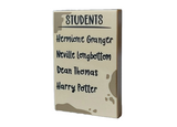 Tan Tile 2 x 3 with Dark Tan Dirt Marks and Black 'STUDENTS' List with 'Hermione Granger', 'Neville Longbottom', 'Dean Thomas' and 'Harry Potter' Pattern